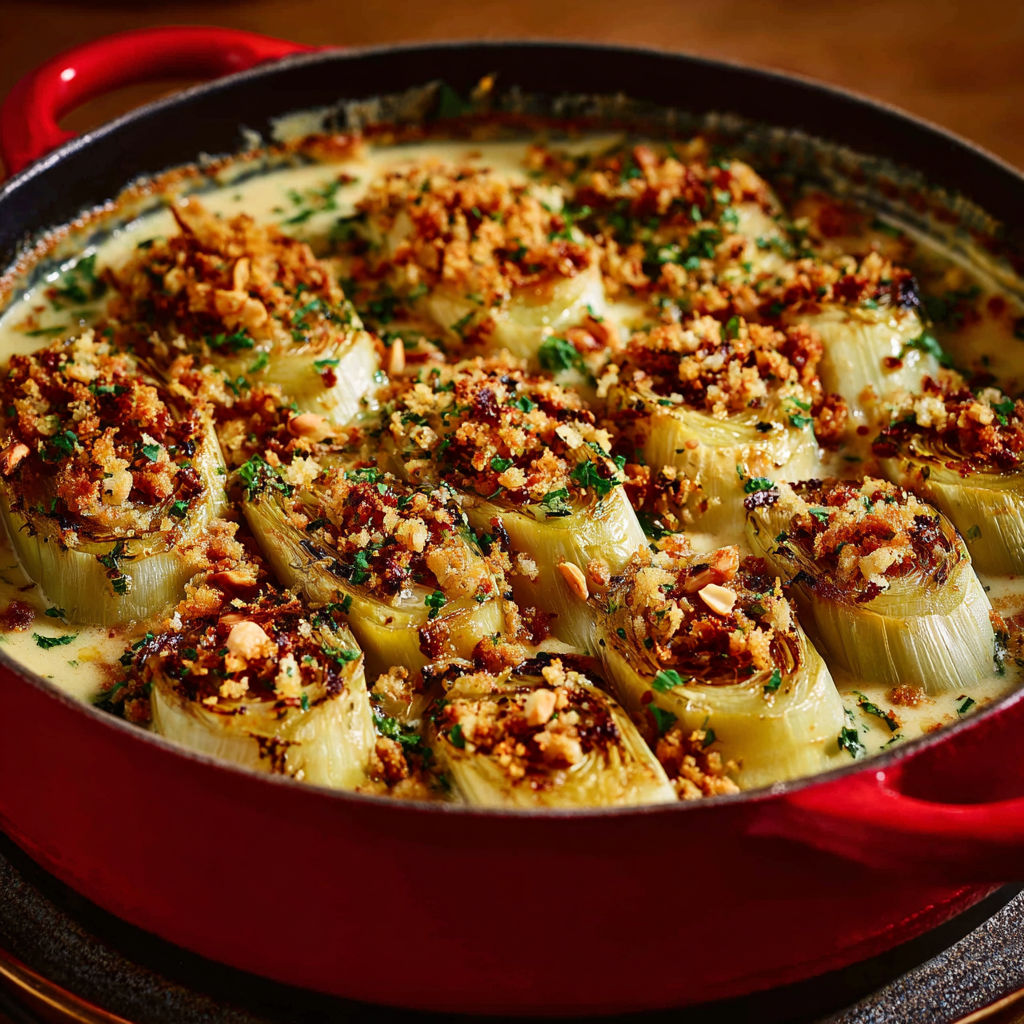 Poireaux rôti à la crème et gruyère, chapelure panko et amandes pour le côté craquant.