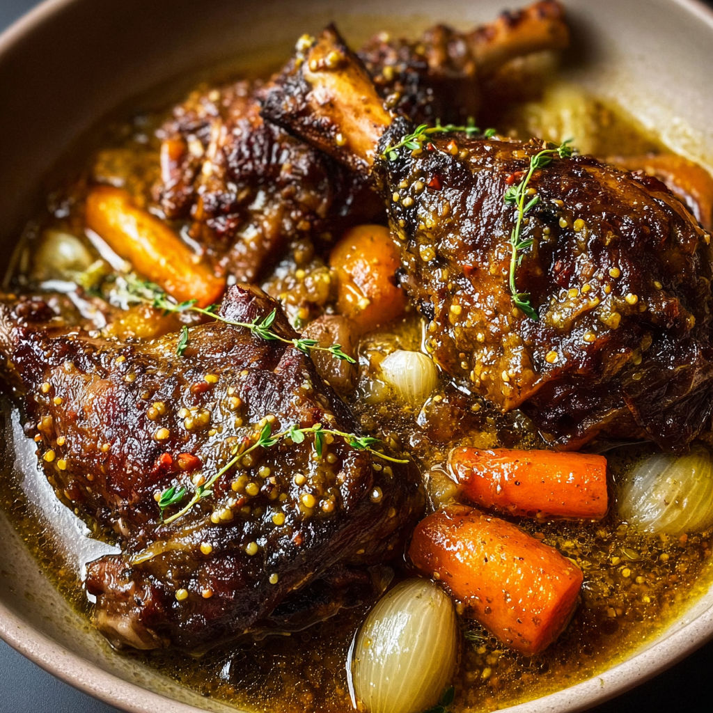 Jarrets d’agneau tout tendres à la moutarde avec légumes confits.