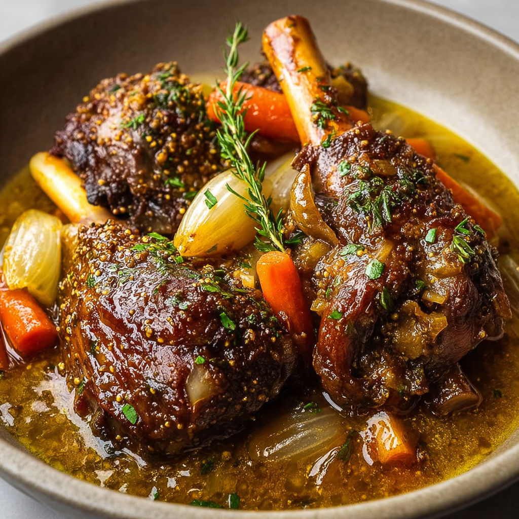 Agneau mijoté longtemps avec vin blanc et belle moutarde de Dijon, super pour les repas chaleureux.