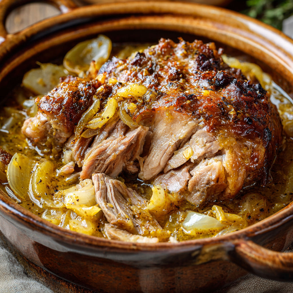 Plat de porc tendre avec oignons sucrés dans un bol.