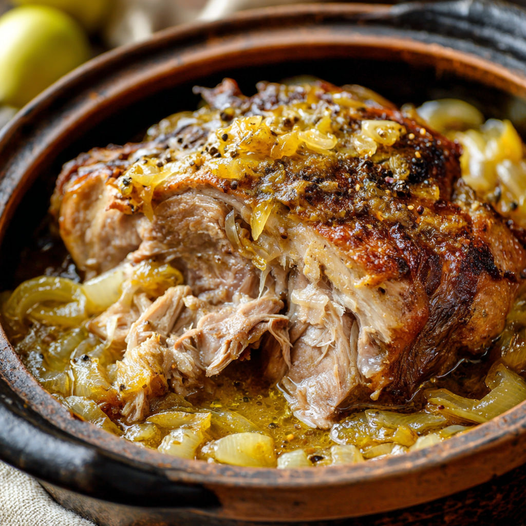 Un fabuleux rôti de porc tout tendre avec une sauce oignons-moutardes qui donne faim rien qu’à regarder.