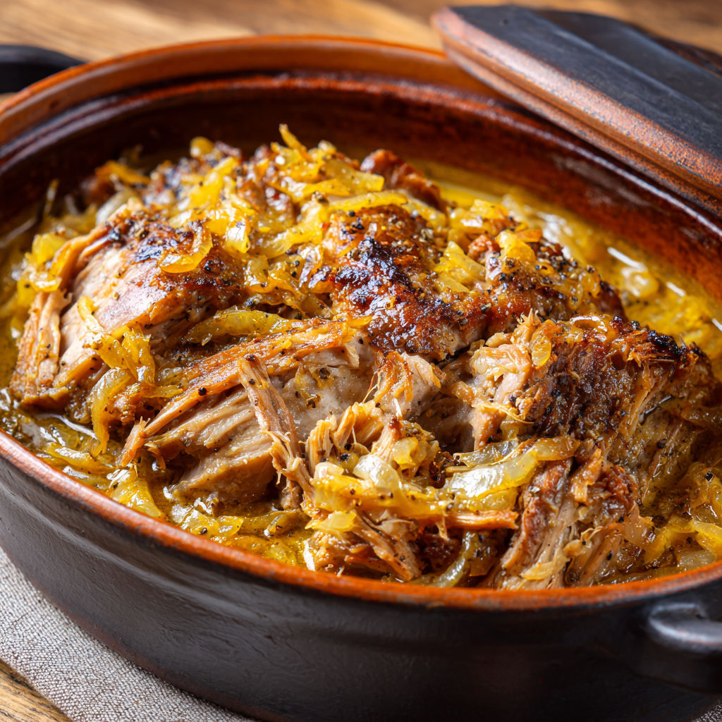 Porc tendre doucement mijoté au vin blanc et oignons, beaucoup de sauce, purée crémeuse et légumes verts.