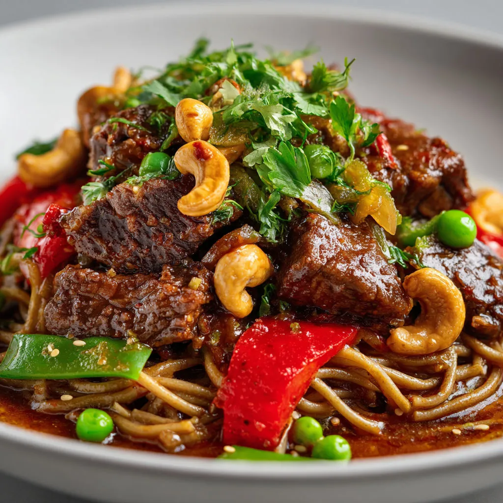 Bœuf ultra tendre au tamari et érable sur soba dans un grand bol.