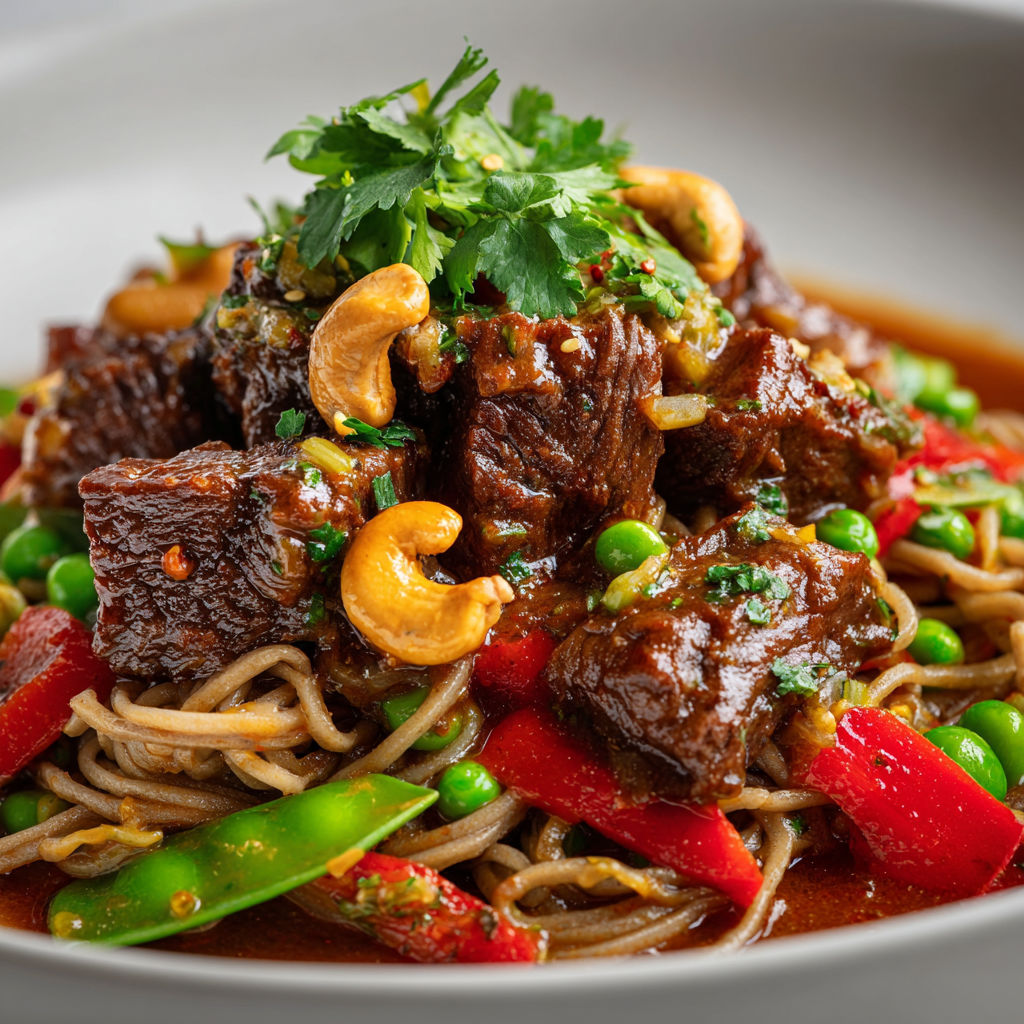 Mijoté asiatique sucré-salé avec bœuf tendre, noix de cajou et coriandre.