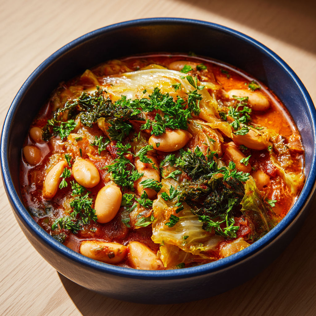 Chou rôti tout tendre aux haricots blancs et croûtons à l’ail persil, bien dorés.