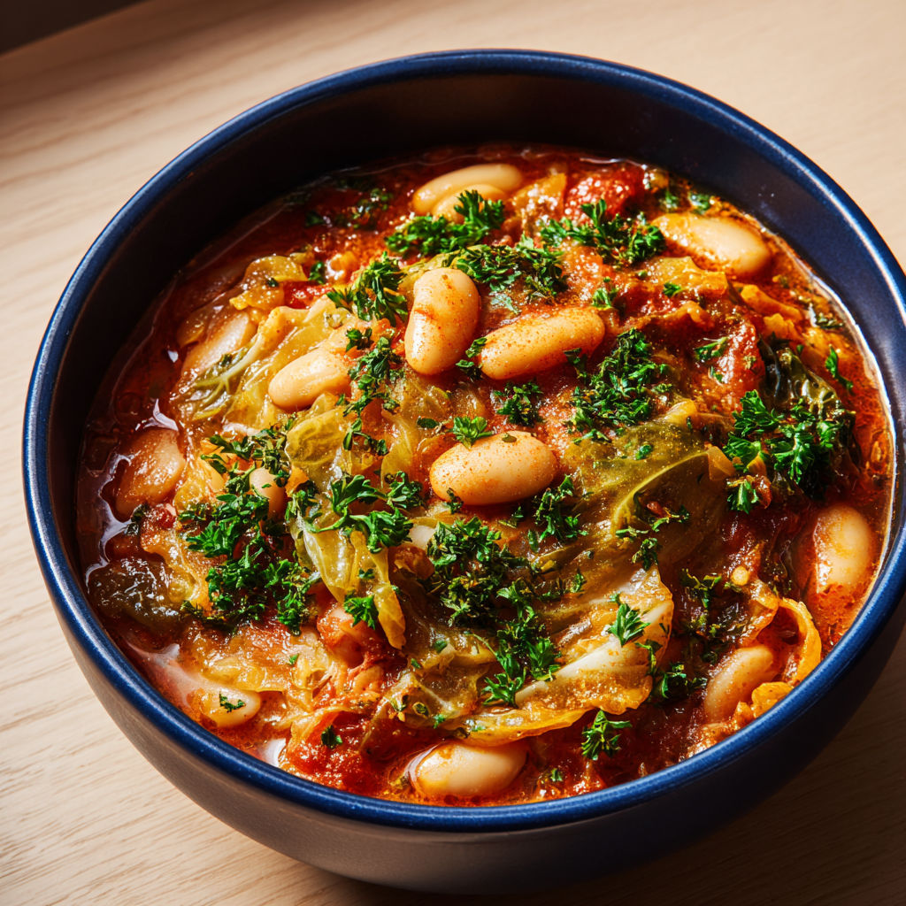 Cocotte remplie de chou doré et haricots blancs, relevée façon harissa, garnie d’un max de croûtons à la persillade.
