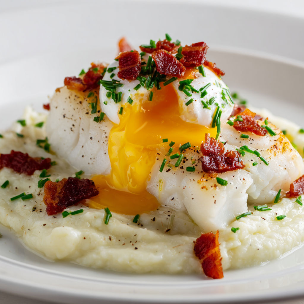 Une assiette appétissante de poisson blanc sur une purée de céleri, accompagnée d'un œuf mollet et de lardons grillés.