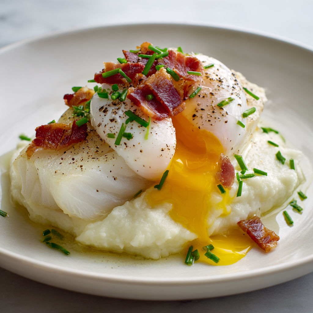 Poisson blanc poché, purée de céleri toute douce, œuf juste coulant et lardons croustillants – tout y est pour un plat réconfort !
