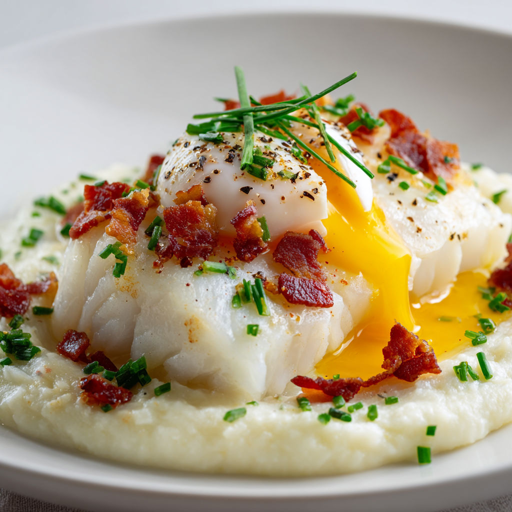 Poisson poché sur purée de céleri, œuf coulant et lardons croquants, tout ce qu’il faut pour se régaler simplement.