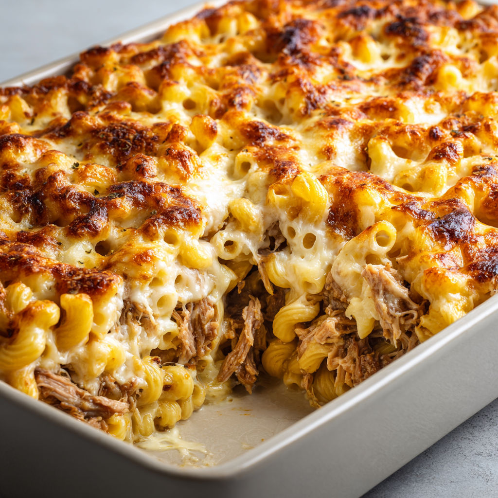 Macaronade de porc braisé fondante gratinée au parmesan et mozzarella.