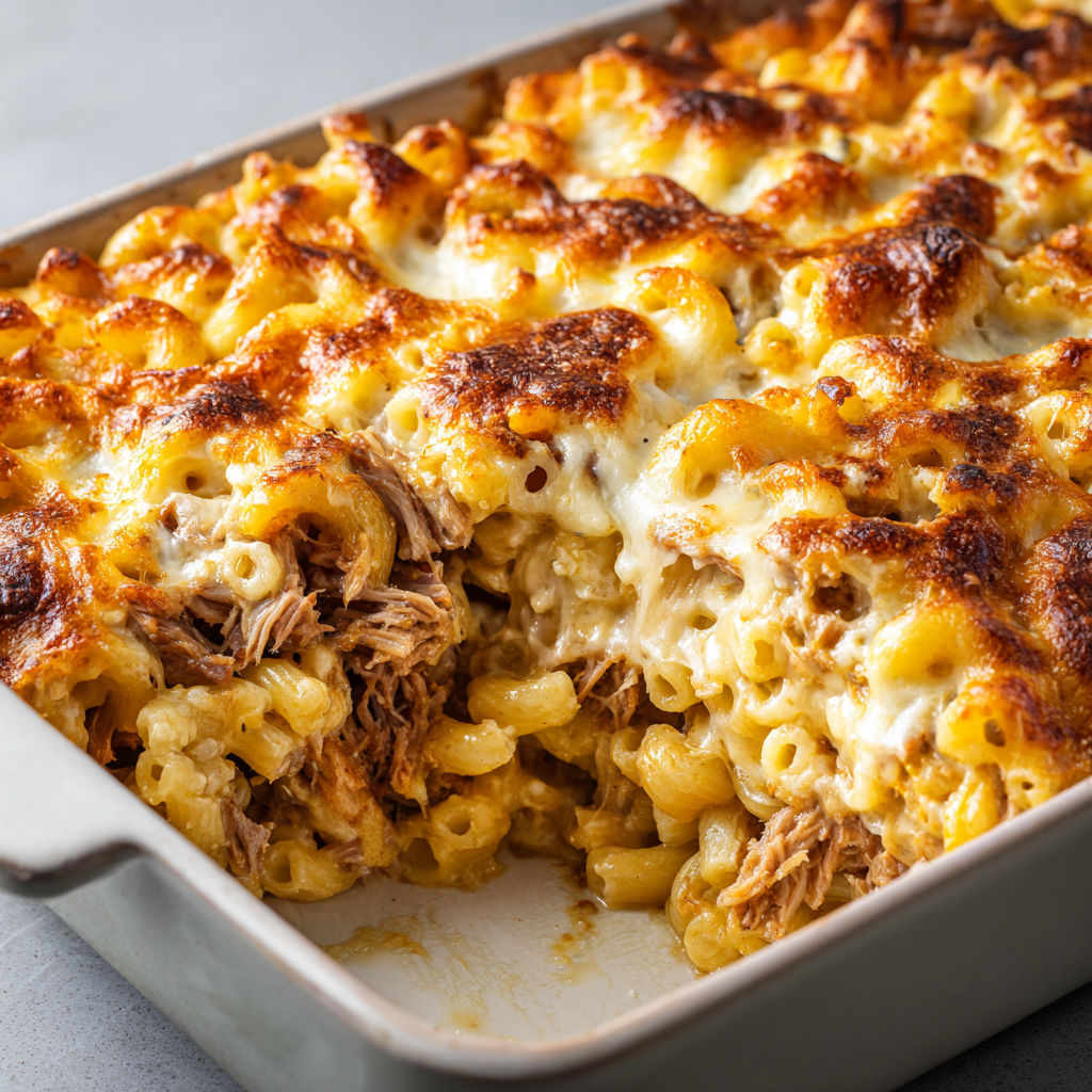 Macaronis gourmands avec porc braisé et mozzarella dorée.