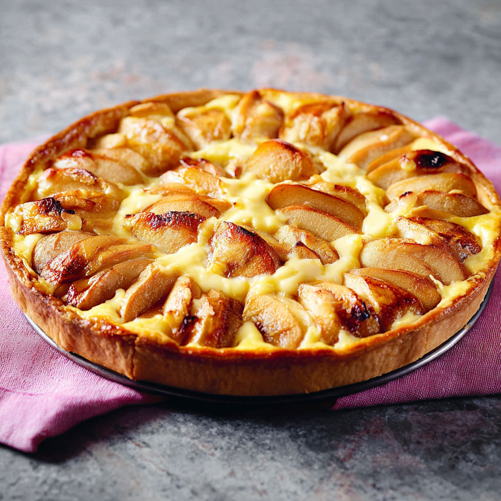 Une belle tarte normande aux pommes fraîchement présentée.