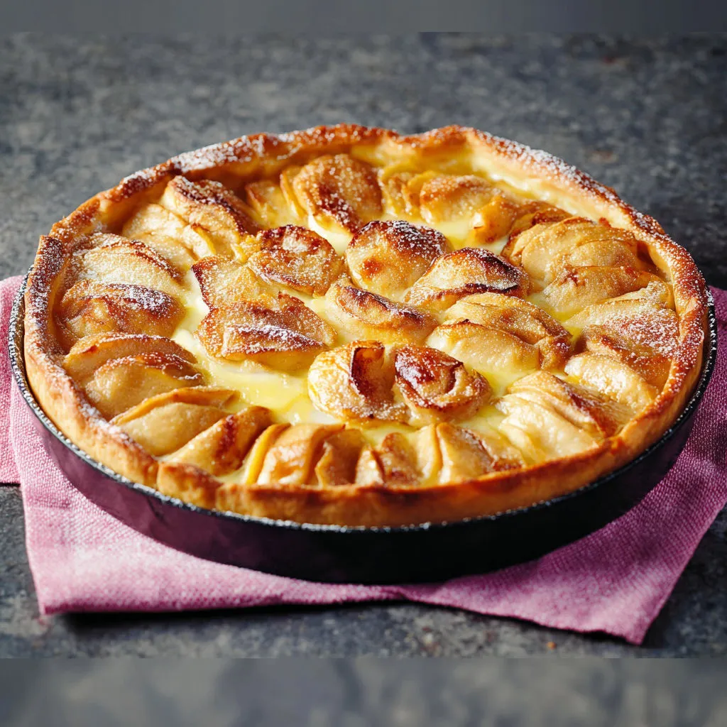 Belle tarte aux pommes posée sur un plateau en métal argenté.
