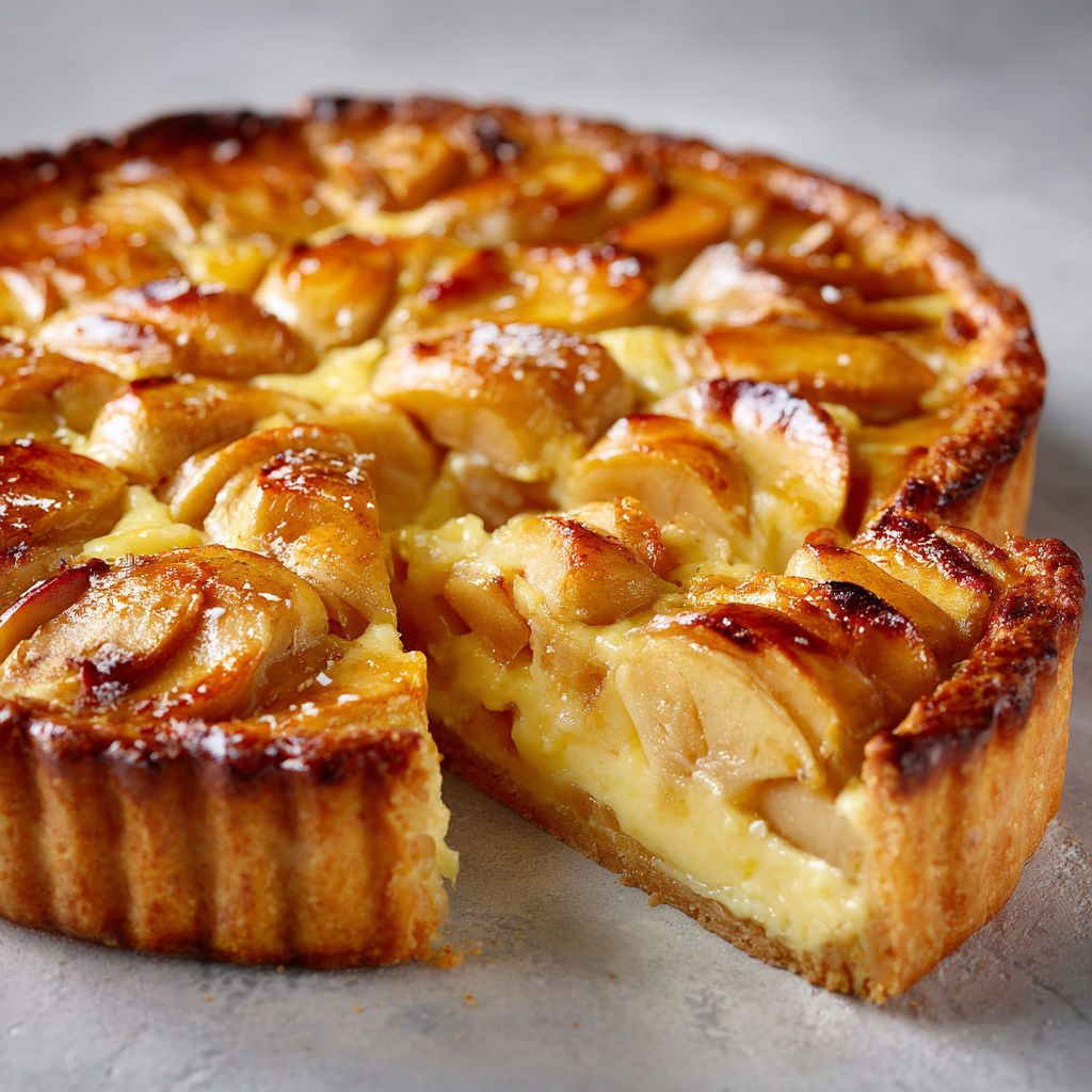Tarte aux pommes tiède, bien dorée, avec sa crème fondante et des pommes fraîches.