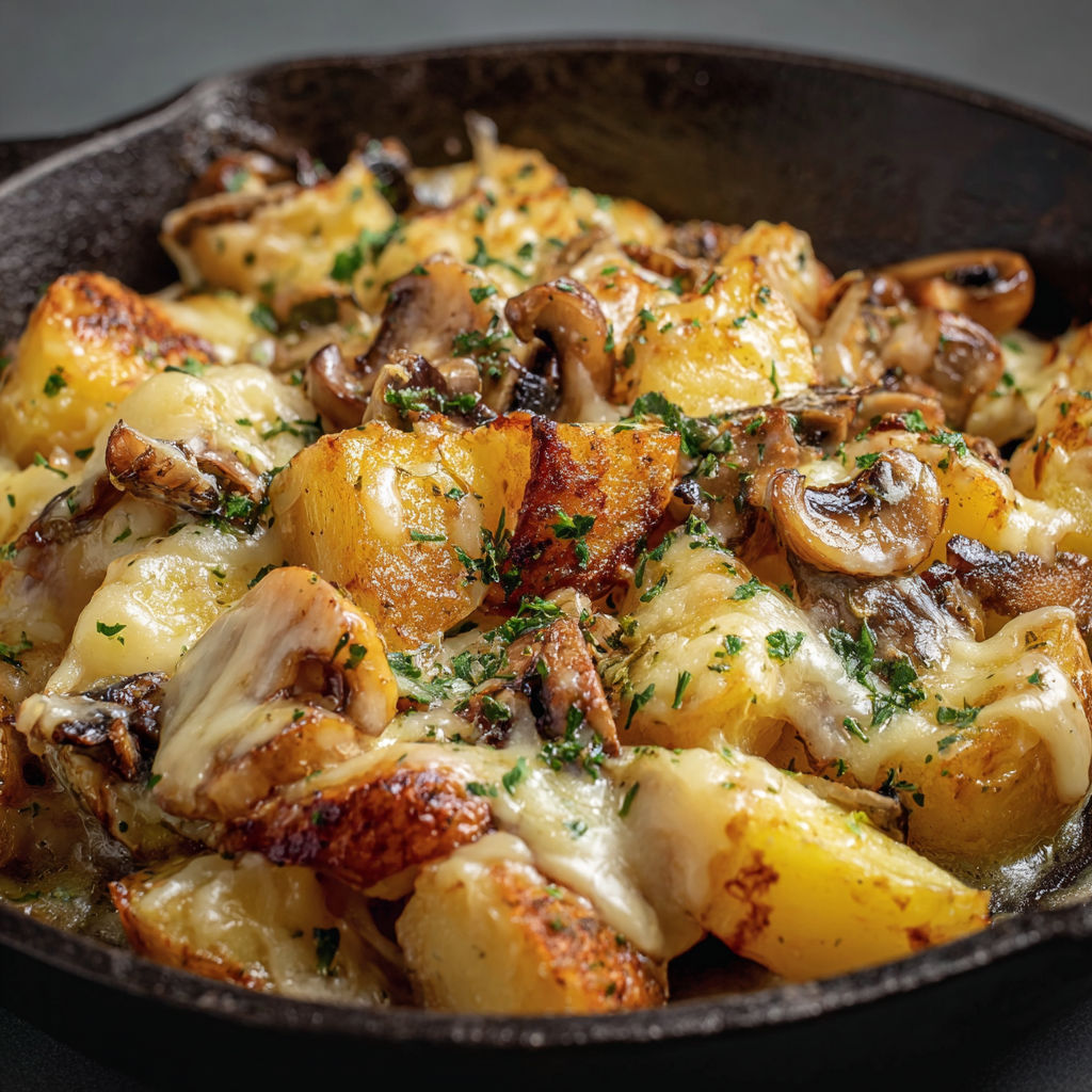 Un bol en fonte rempli de pommes de terre dorées, de châtaignes et de fromage laguiole fondant.