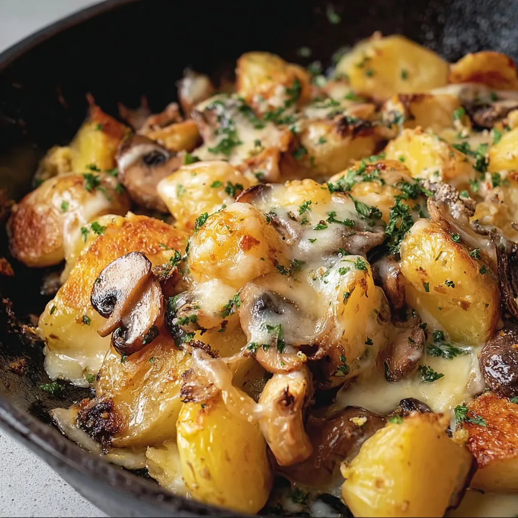 Poêlée gourmande de pommes de terre et châtaignes au laguiole coulant.