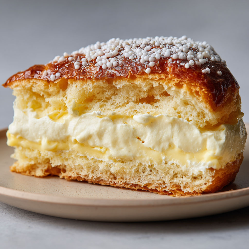 Belle tarte tropézienne dorée présentée sur un plat rustique.