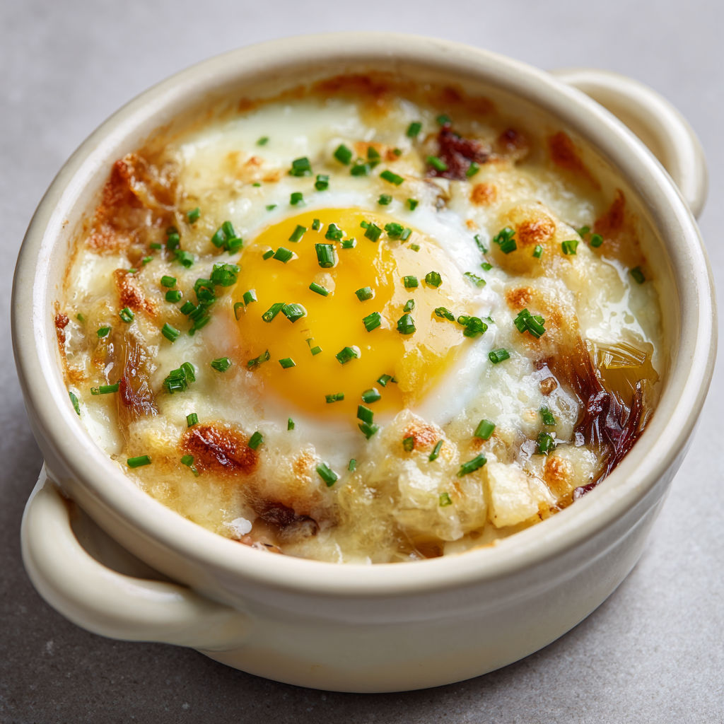 Un délicieux plat d'œufs cocotte sur endives nappées de Maroilles.