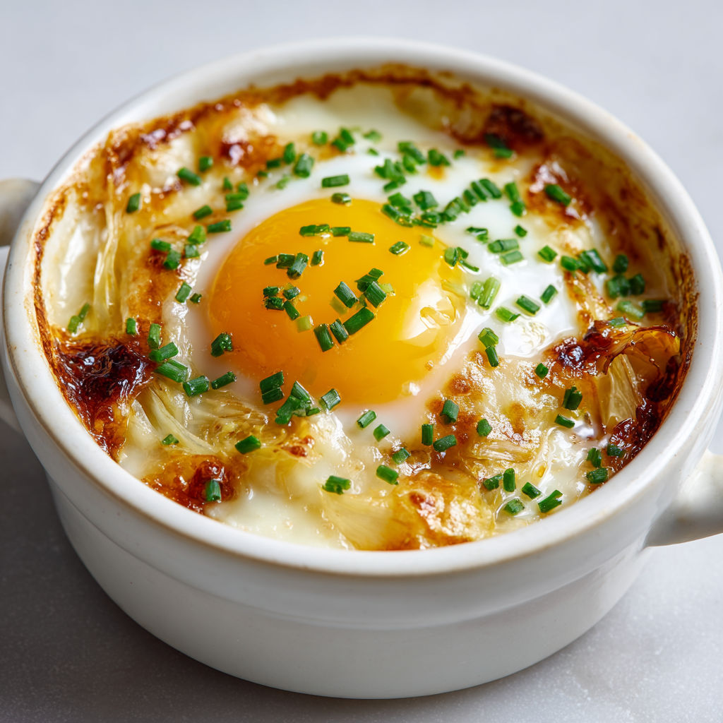 Œufs cocotte bien crémeux aux endives et au Maroilles fondant.