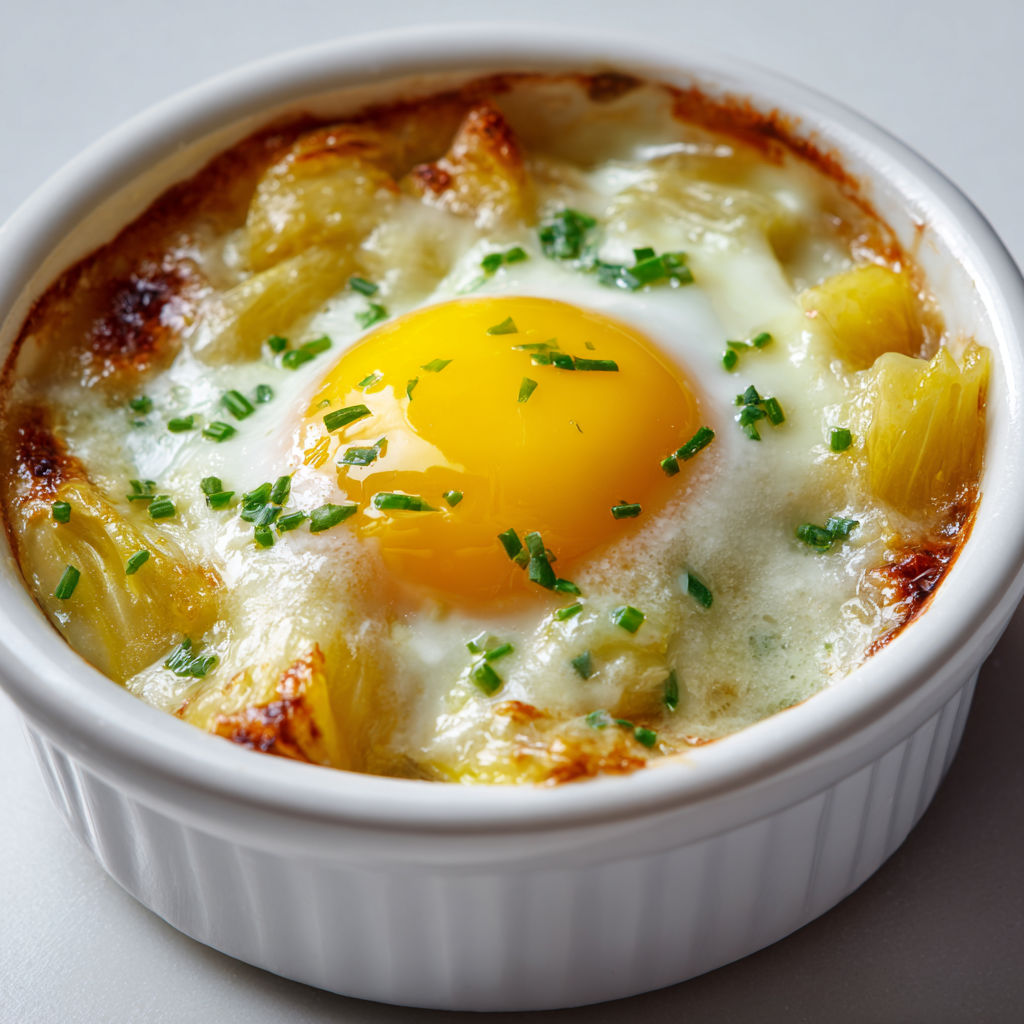 Cocottes d’œufs dorés avec endives crémées et Maroilles fondant.