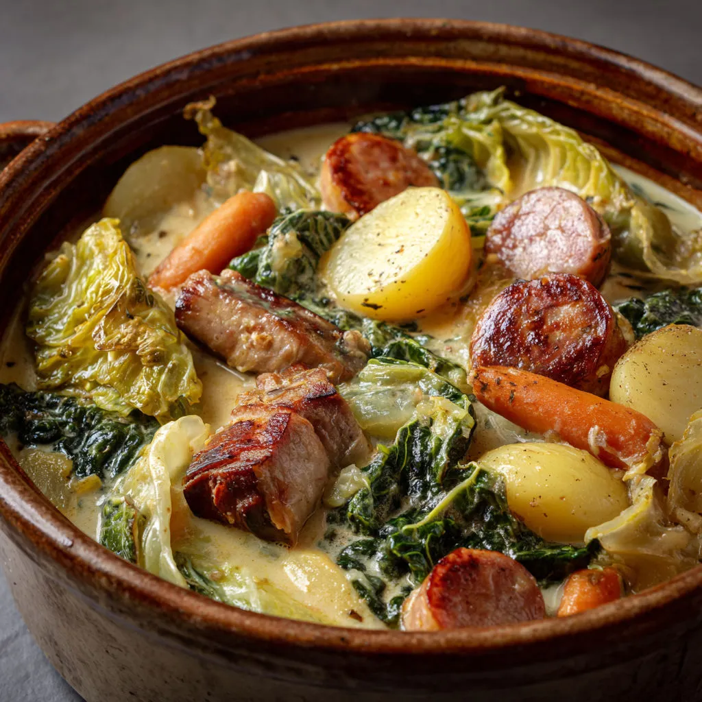 Diots et saucisses cuits tout doucement dans un bouillon parfumé avec chou et pommes de terre.