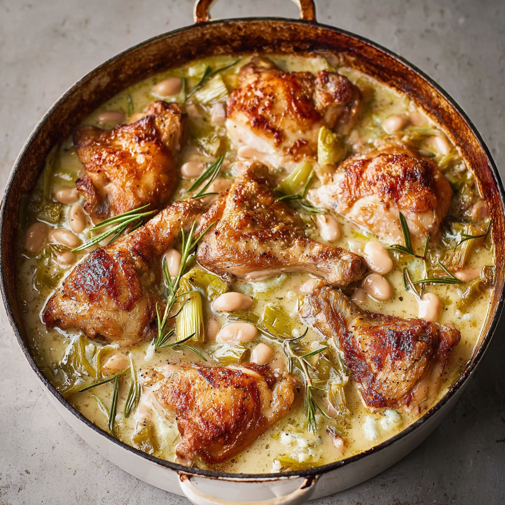 Une cocotte de poulet au bleu et poireaux, façon Jamie Oliver, arrosé de cidre.