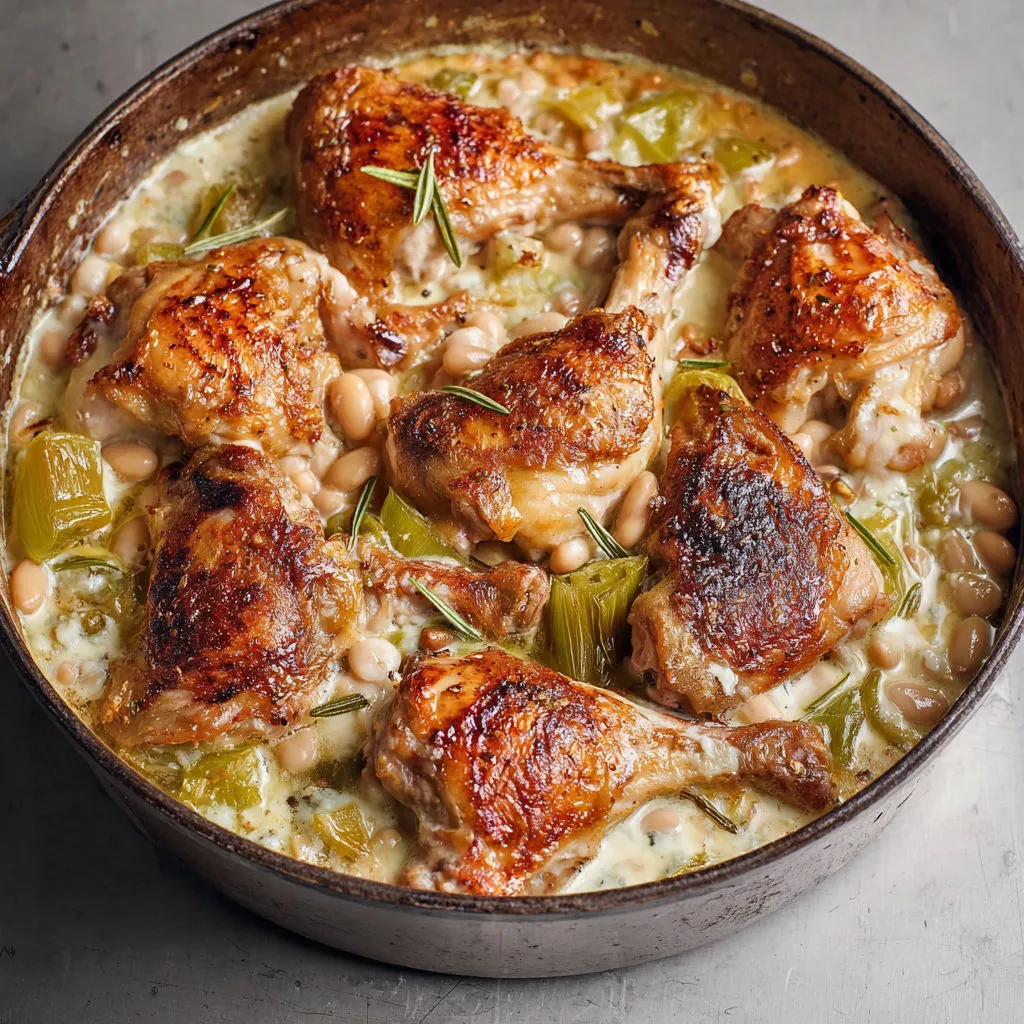 Poulet bien doré au four, poireaux fondants et sauce au bleu crémeuse.