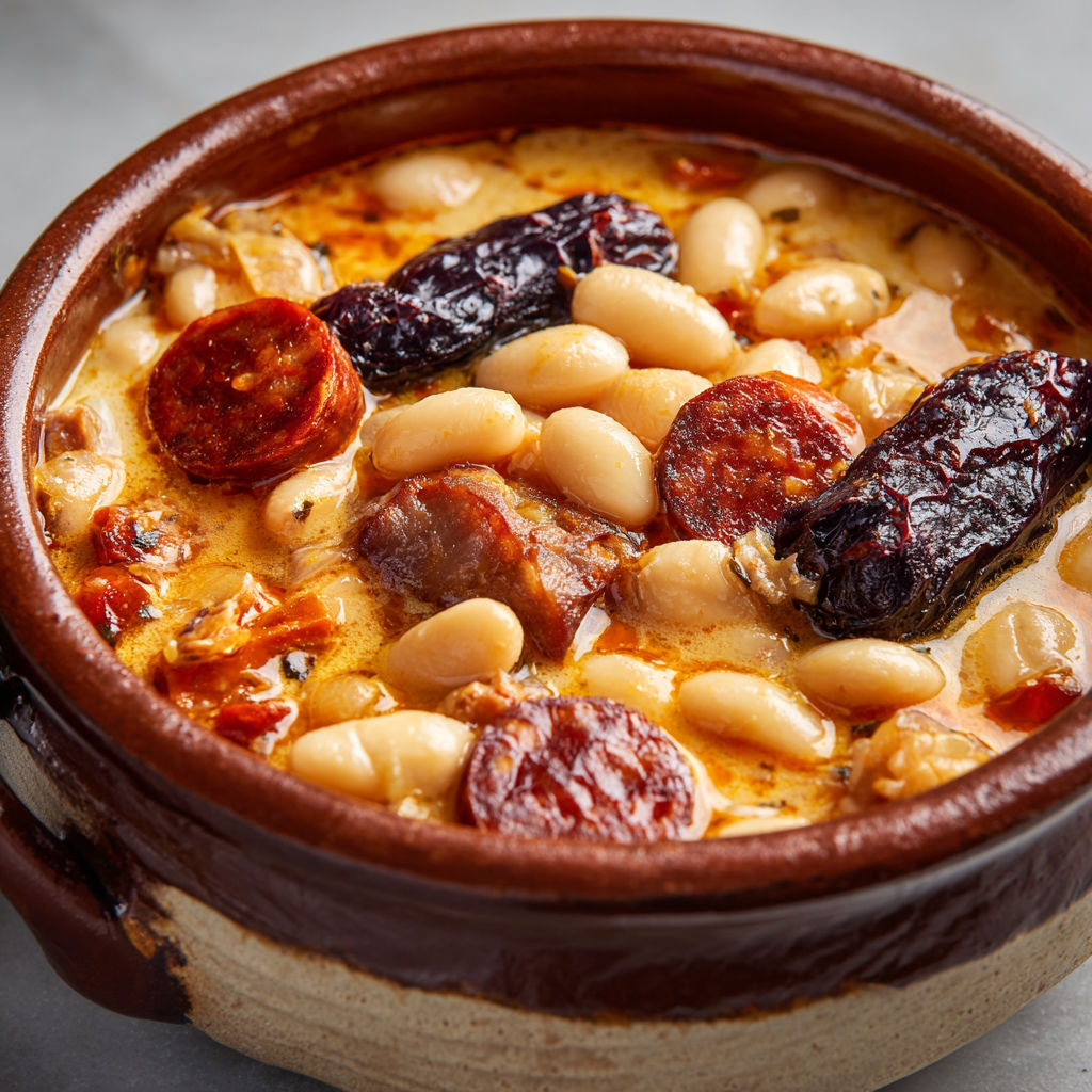 Un délicieux plat de Fabada asturienne avec haricots, viande et chorizo.