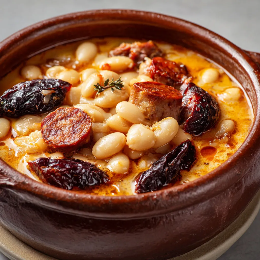 Plat asturien gourmand avec haricots moelleux et charcuteries relevées.