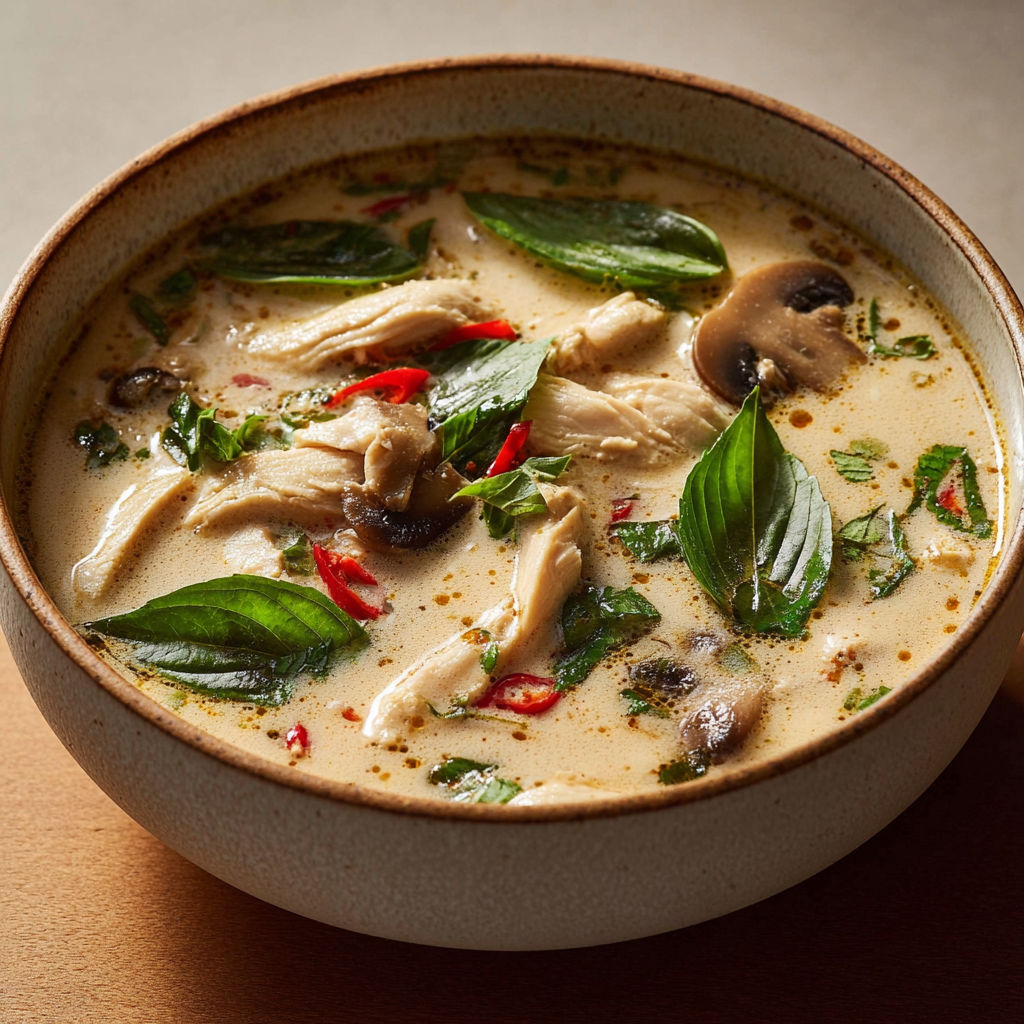 Un bol de soupe thaïe parfumée au poulet, citron vert et basilic.