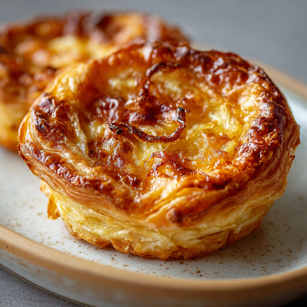 Un feuilleté doré garni d'oignons tendres et croustillants.