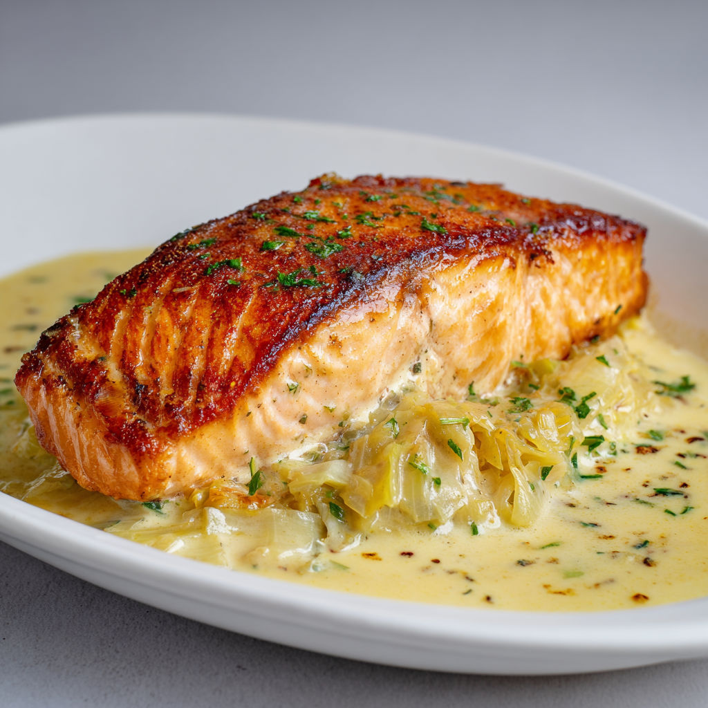 Saumon sur poireaux tendres et aneth.