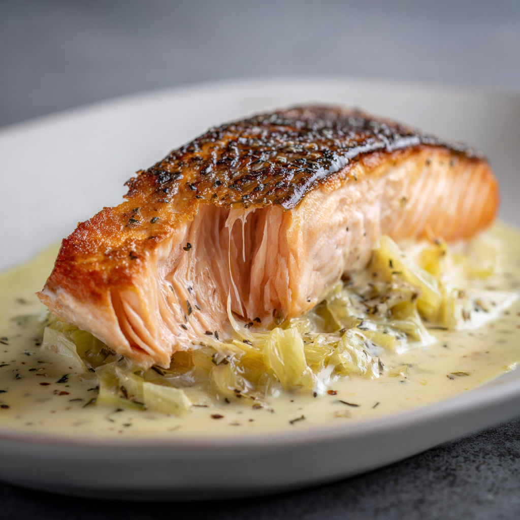 Saumon croustillant et fondue de poireaux, joli plat savoureux.