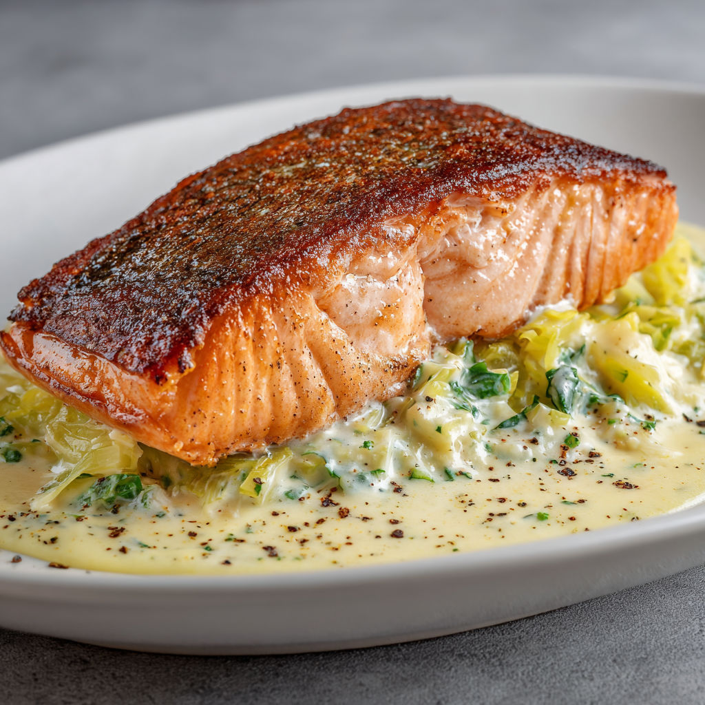Saumon bien doré posé sur de la fondue de poireaux.