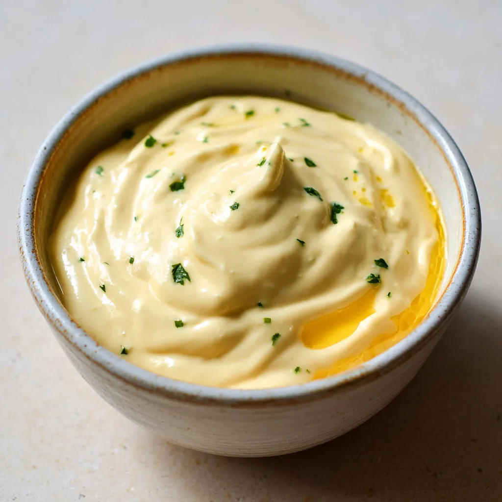 Aïoli du Sud maison, crémeux et parfumé à l’ail.