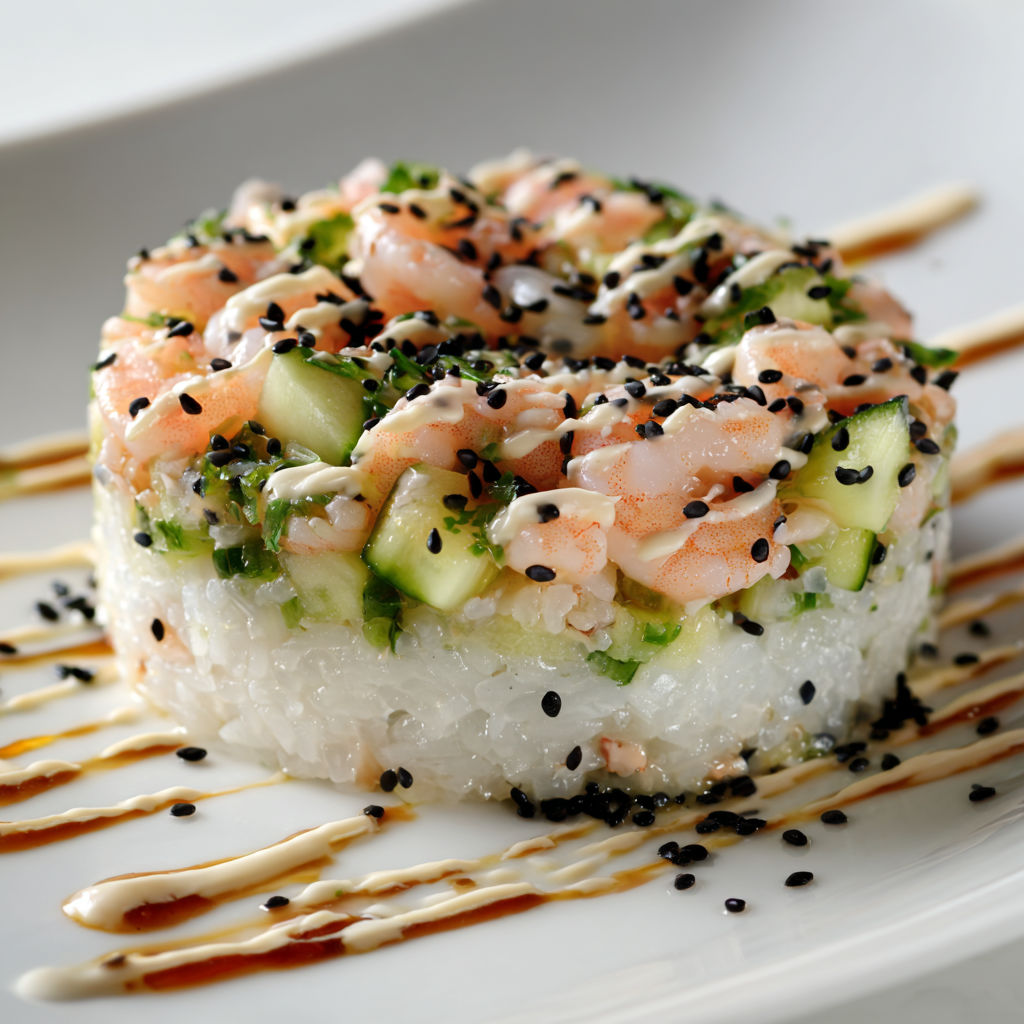 Tartare de crevettes nordiques sur riz parfumé, super frais et accents asiatiques.