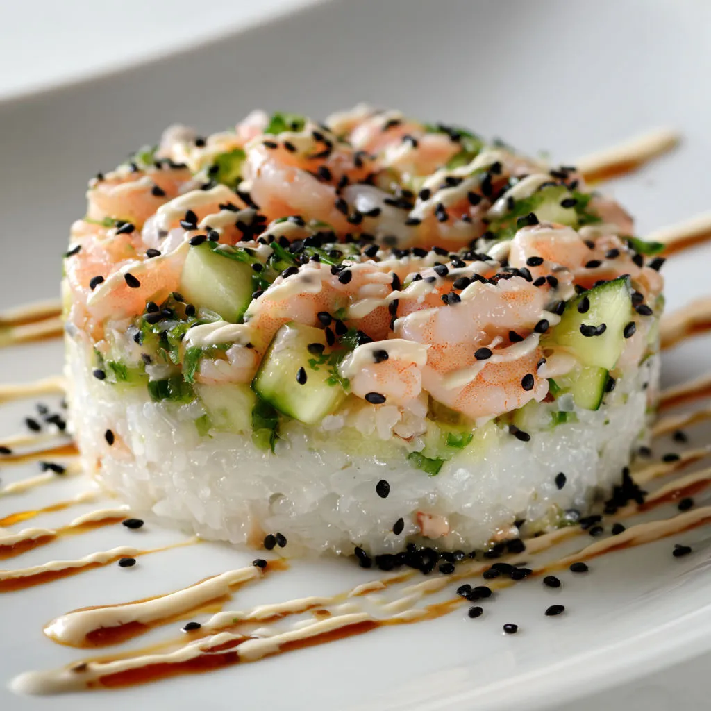 Tartare de crevettes nordiques sur riz parfumé, super frais et accents asiatiques.