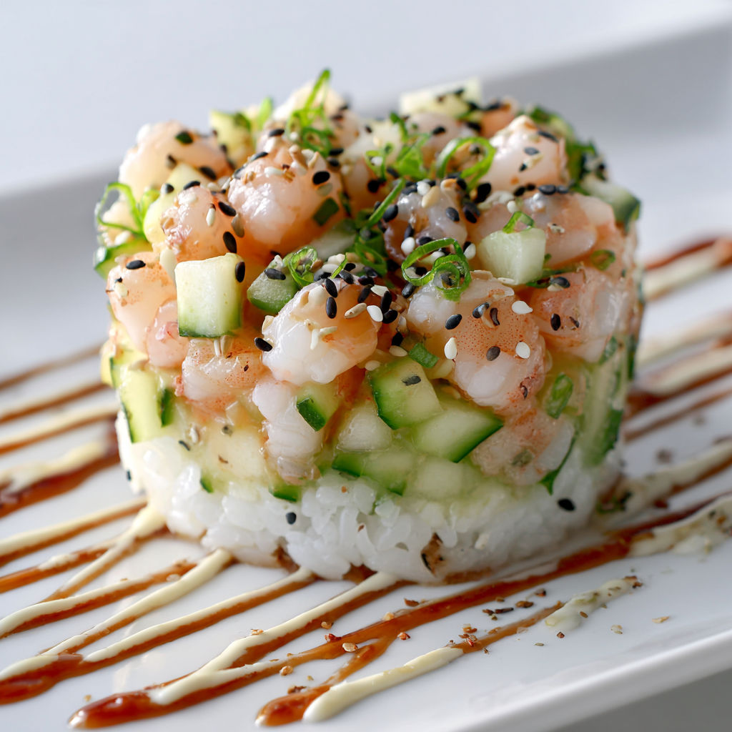 Salade chic de crevettes nordiques avec concombre, poire et douceur sésame-teriyaki.