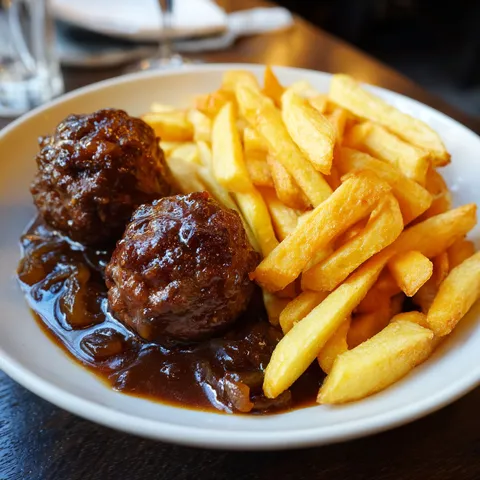 Un délicieux plat de boulets maison accompagnés de frites dorées croustillantes.