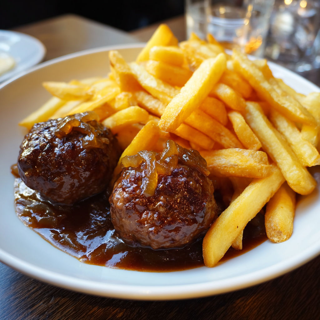 Une assiette de frites maison avec deux grosses boulettes nappées de sauce.