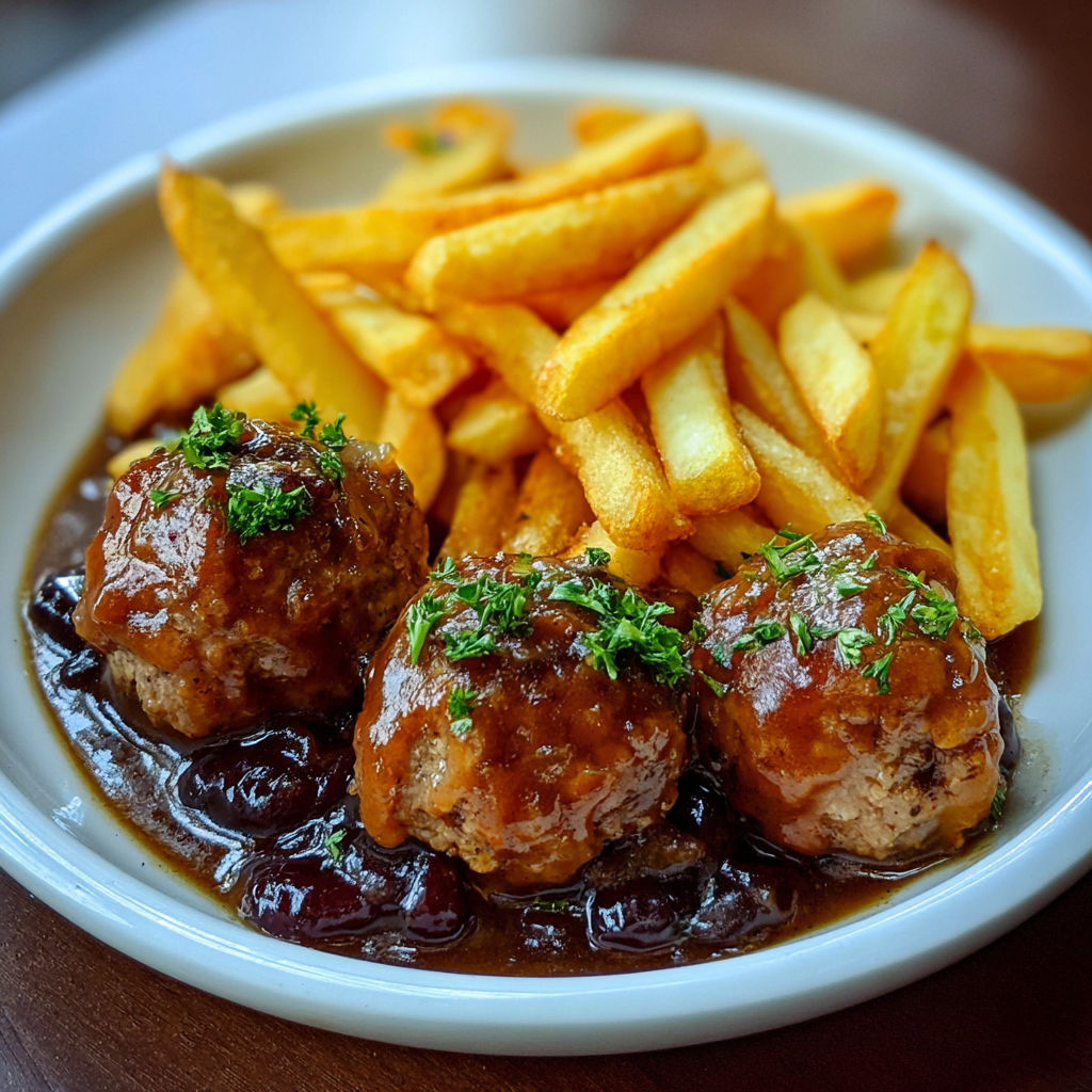 Un plat de frites avec des boulettes bien nappées de sauce, et un peu d’herbes fraîches.
