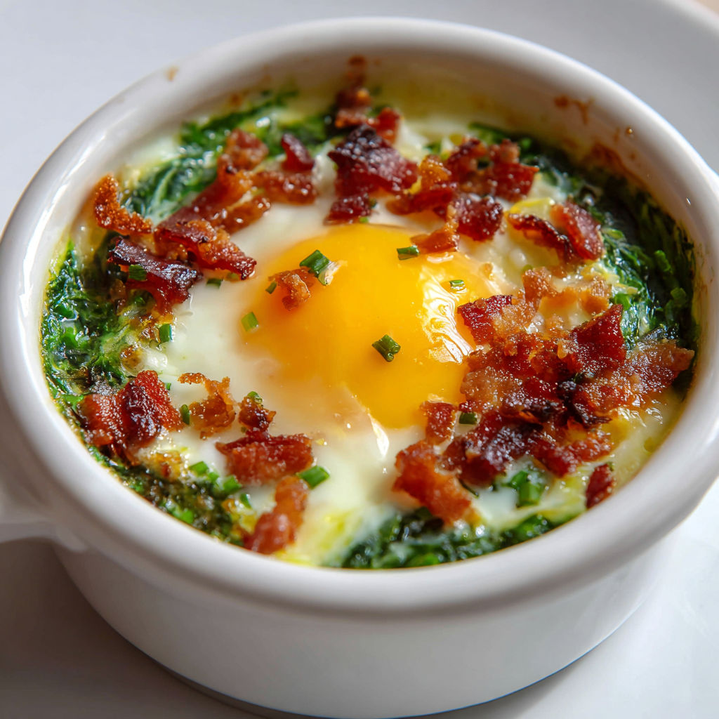 Un bol d'Œufs moelleux cuits au four avec de la fondue d'oseille et quelques morceaux de lardons croustillants.