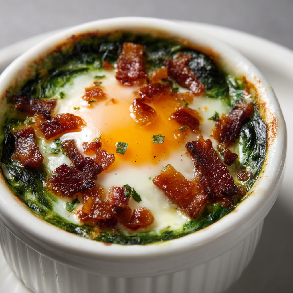 Œufs cocotte à l’oseille et lardons dorés, crémeux et savoureux.