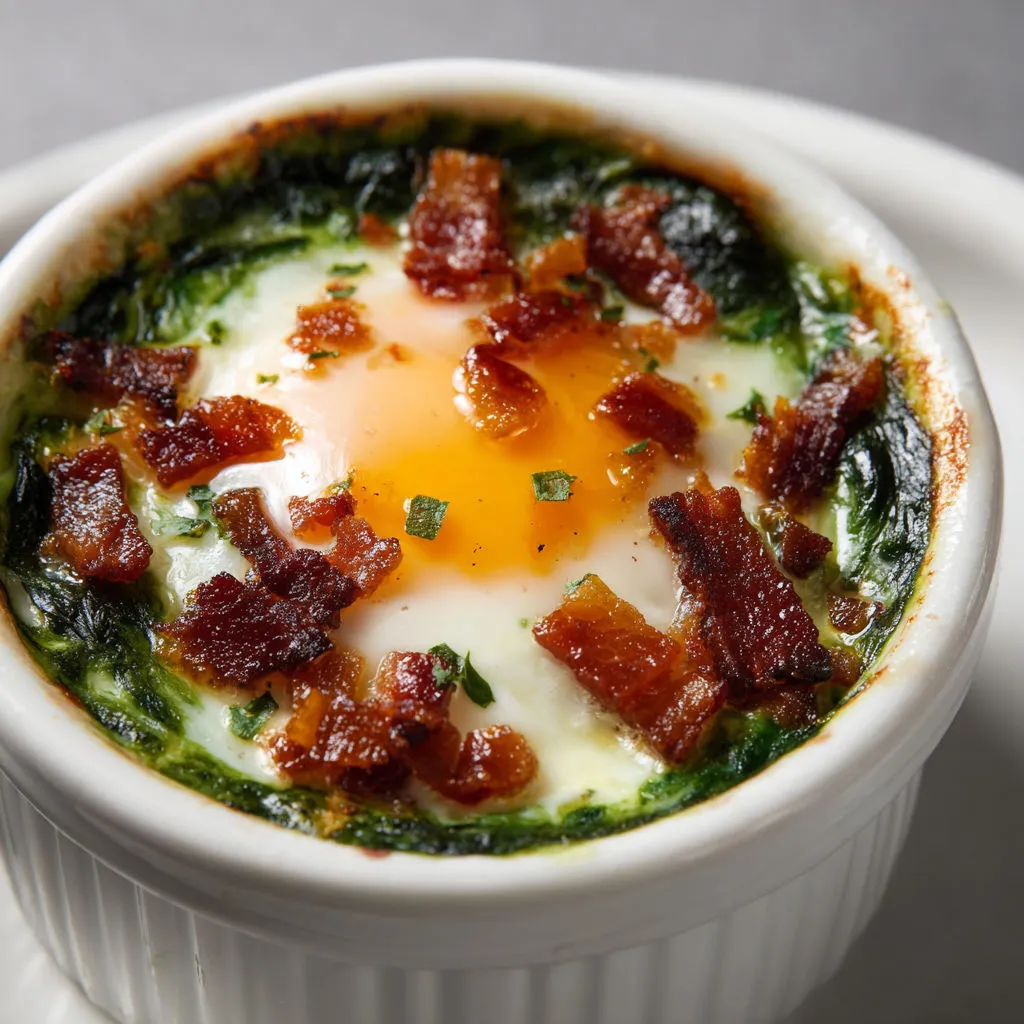 Œufs cocotte à l’oseille et lardons dorés, crémeux et savoureux.