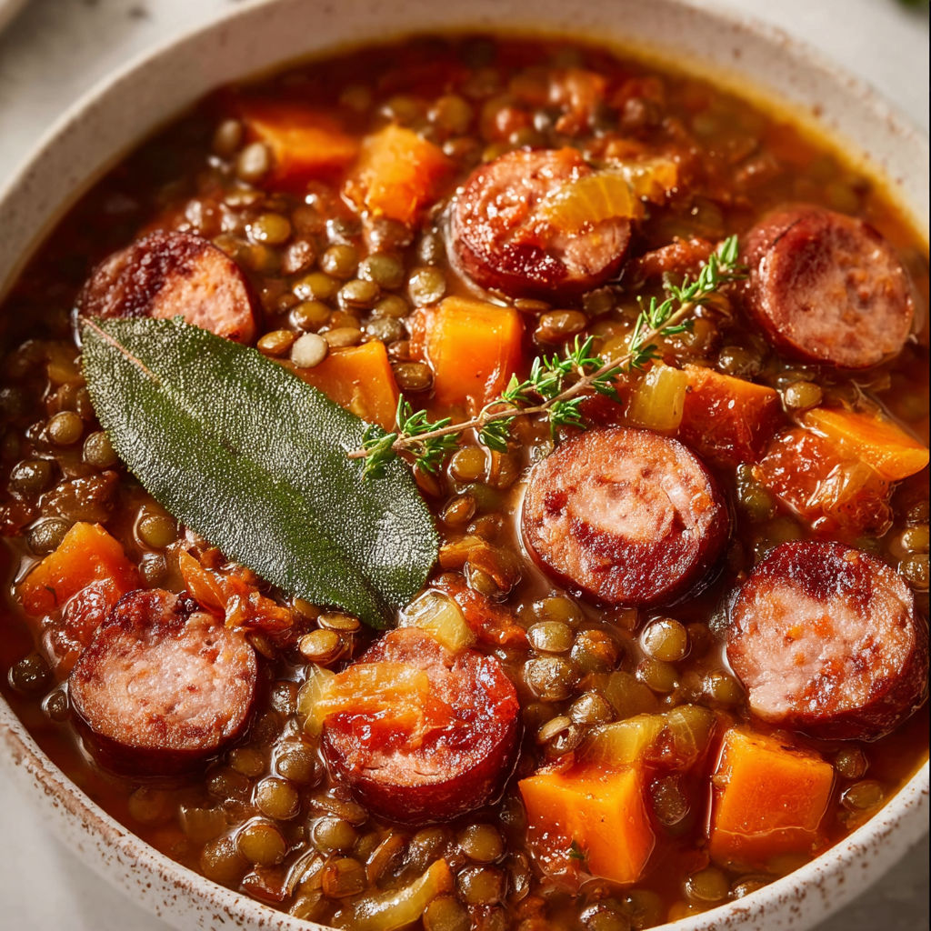 Un plat mijoté de lentilles aux saucisses délicieusement relevé avec carottes et aromates.