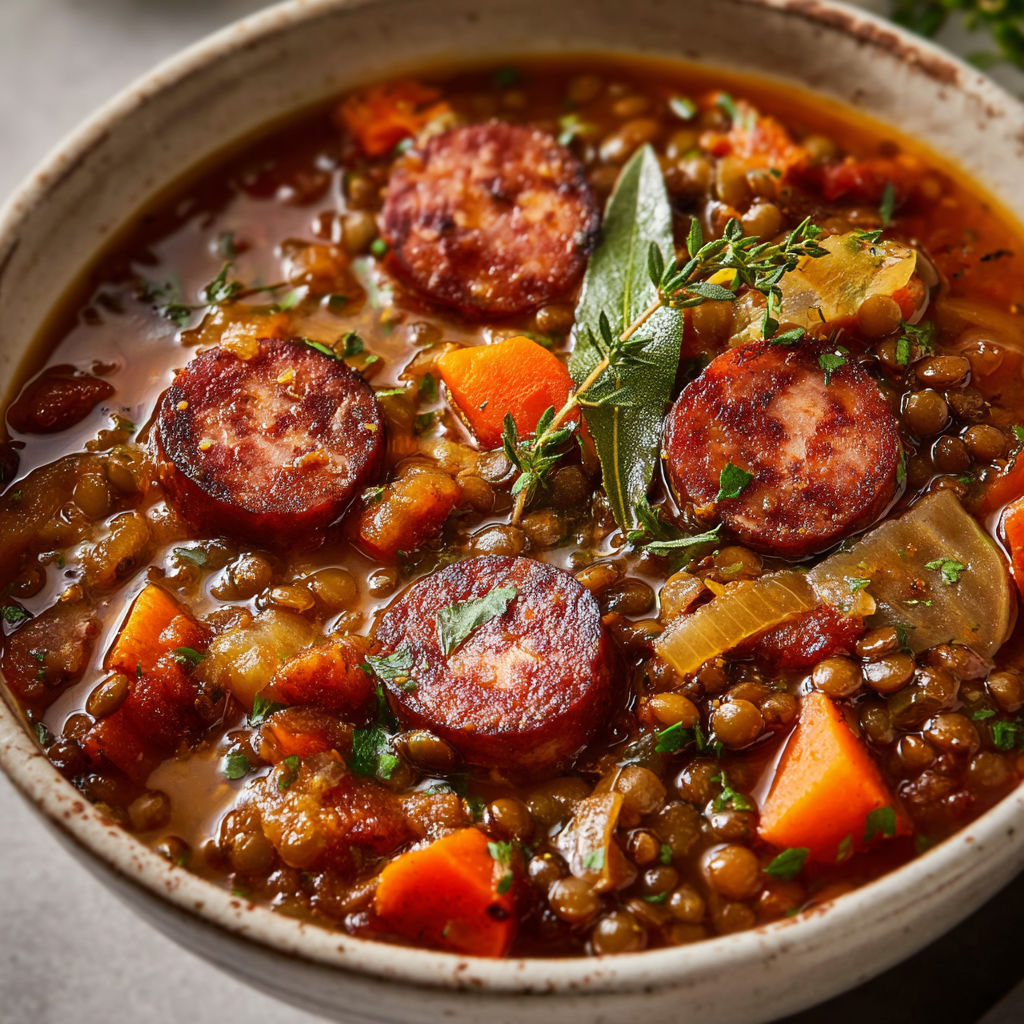 Saucisses bien rustiques mijotées avec des lentilles, comme à la maison.