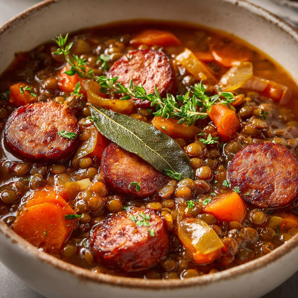 Cocotte de saucisses et lentilles à l’ancienne ultra conviviale.