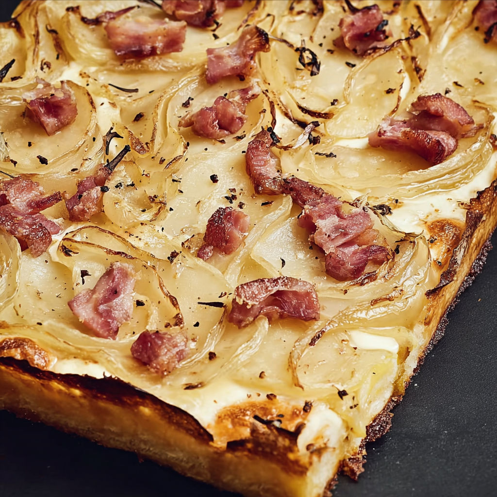 Flammekueche dorée avec pommes de terre, oignons et lardons, servie sur une table sombre.