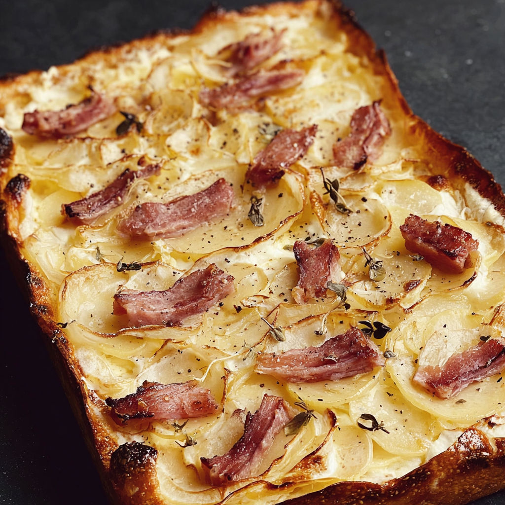 Tarte alsacienne revue, pommes de terre fondantes et crème à gogo.