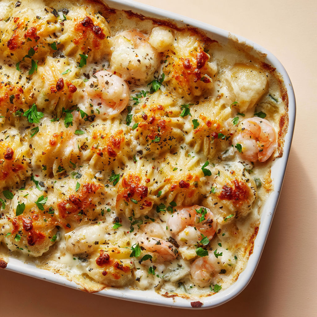 Gratin de fruits de mer raffiné, purée céleri et pommes de terre crémeuses, prêt à partager.